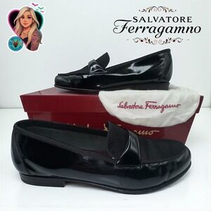 Salvatore Ferragamo‎ Men's 8.5 EE Dean Black Patent Leather Loafers Dress Shoes